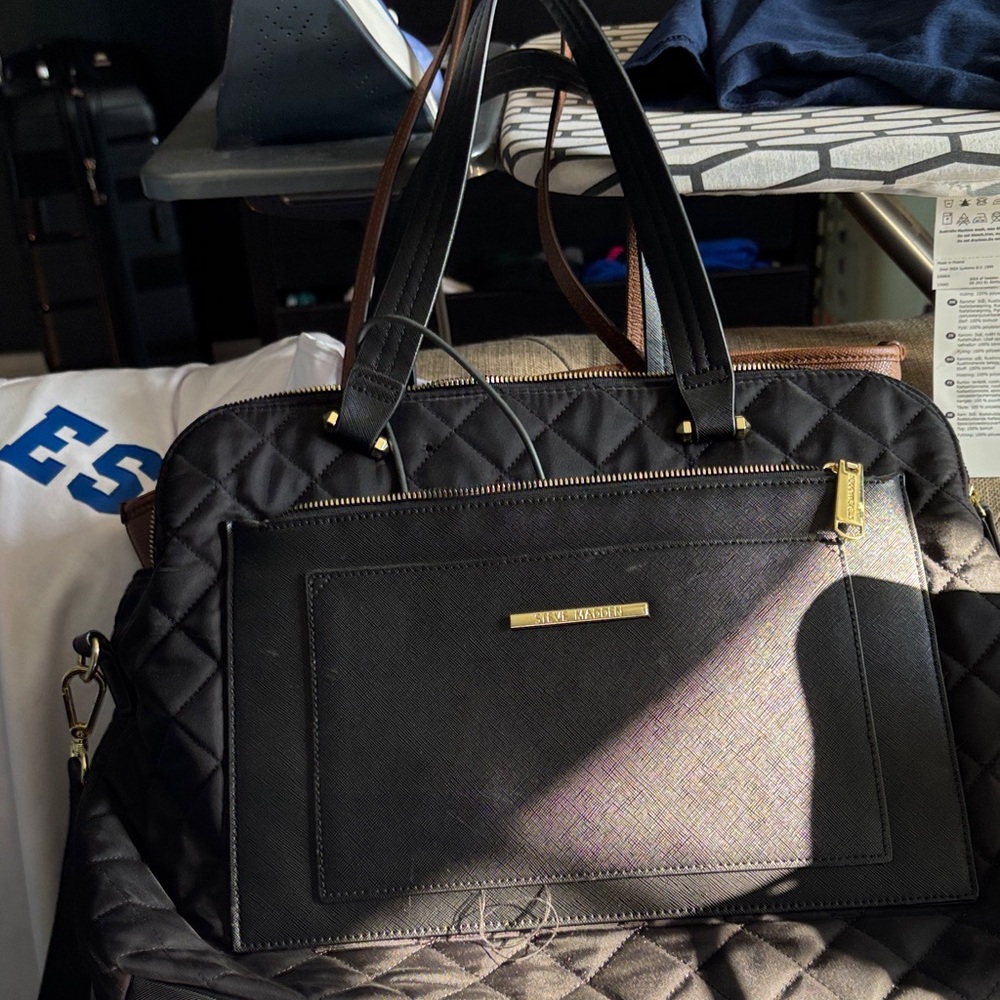 Steve Madden Black Quilted Tote with Gold Accents